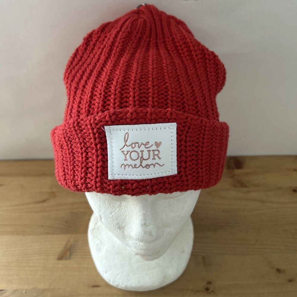 Love Your Melon Hat Red Knit Cotton Slouchy Beanie Snap For Pom Pom Made In USA